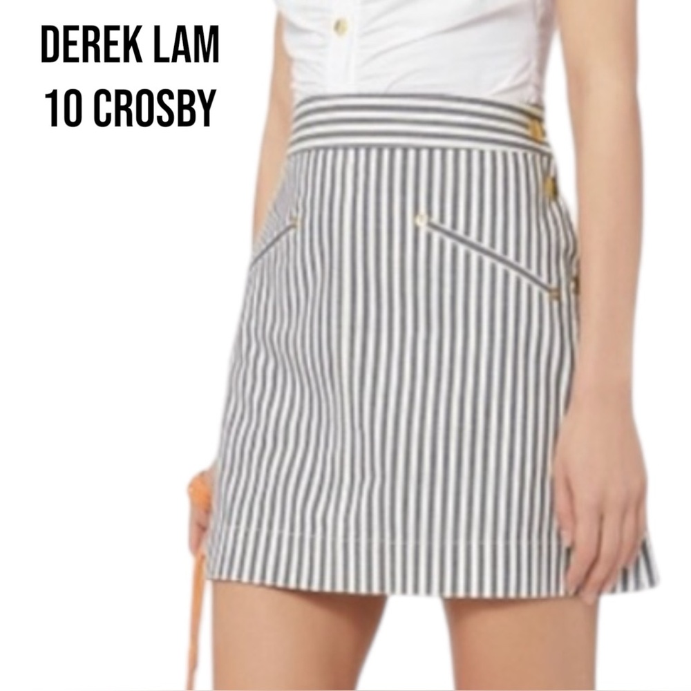 Derek Lam 10 Crosby GRAY WHITE STRIPED MINI SKIRT High Waist GOLD HARDWARE Grey